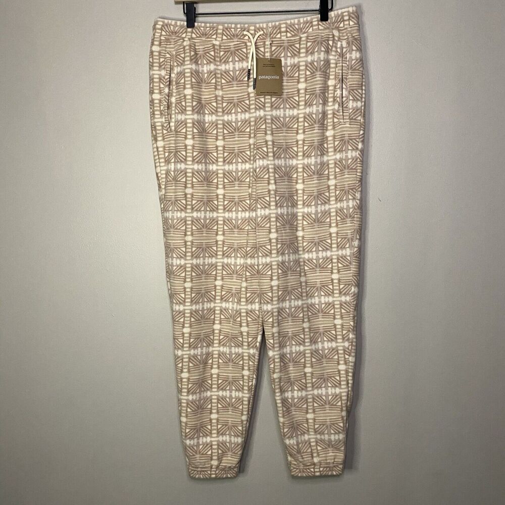 NEW PATAGONIA Women Micro D Fleece joggers LARGE Snow Bean Natural Tan Neutral